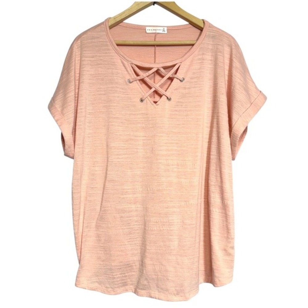 Retrology Pullover Top Womens Lace Up Neckline 2X Baby Pink Short Sleeve Sparkly